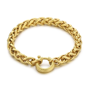 Polished 18K gold stainless steel wheat chain bracelet with textured round clasp