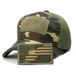 Detailed view of camo tactical baseball cap featuring USA embroidery and flag patch