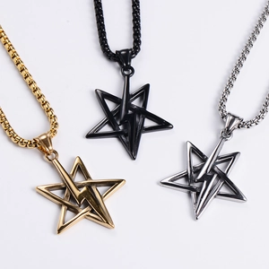 Pentagram and lightning bolt stainless steel necklaces in gold, silver, and black colors