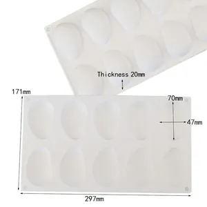 Detail showing dimensions of 10-cavity oval silicone mold for banana mousse and jelly cakes