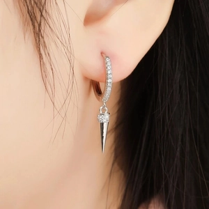 Elegant S925 silver hoop earrings with micro-paved zircons and a sleek conical drop pendant