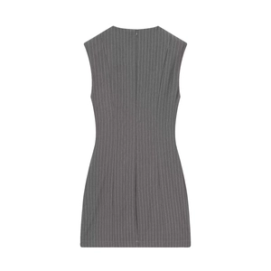 Back view of grey pinstripe sleeveless dress with padded shoulders and hidden zipper