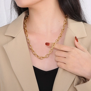 Fashionable gold titanium steel chain necklace with textured links on female model
