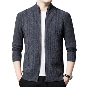 Men's dark gray knit cardigan with stand collar and textured cable pattern zipper style