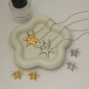 18K gold and silver stainless steel spiral starfish earring and necklace jewelry set