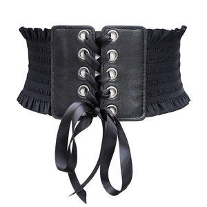 Women's black elastic corset waist belt with lace trim and lace-up bow detailing
