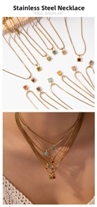 Detail of square-cut colorful zircon pendant necklace on stainless steel chain