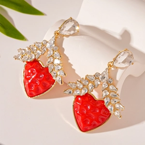 Vintage luxury red resin heart earrings with crystals and golden wheat ear design