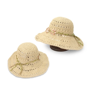 Women's summer straw hat with hollow floral lace design and wide brim for UV protection