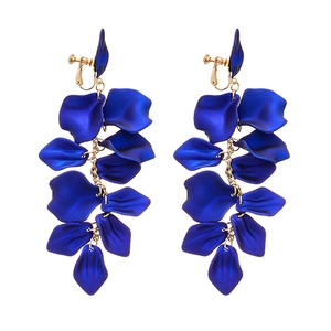 Blue acrylic petal tassel clip-on earrings with gold chains for non-pierced ears