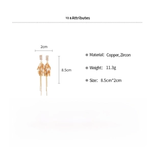 Detailed view of leaf fringe earrings showing dimensions 8.5cm by 2cm and zircon material