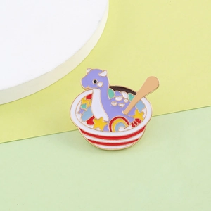 Cute purple dinosaur enamel pin badge featuring a rainbow bowl design for bag accessory