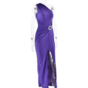 Detail of rhinestone buckle on purple one-shoulder maxi dress with high side slit