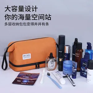 Orange large capacity travel toiletry bag with double layer zippers and side handle