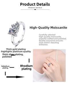 Detailed view of S925 silver ring featuring heart and emerald cut moissanite stones