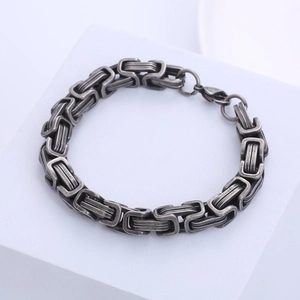 Classic 9mm wide stainless steel Byzantine chain bracelet with antique silver finish for men