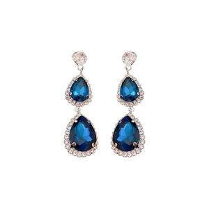 Blue teardrop dangled earrings with silver needle and white crystal halo around blue stones