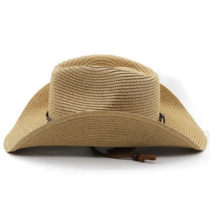 Detail of hand-woven straw cowboy hat featuring adjustable windproof cord and brown band