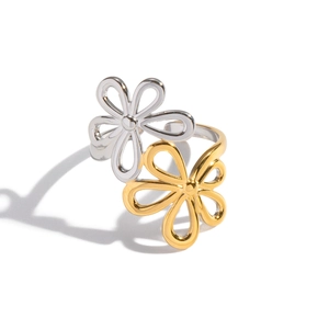 Detail view of the two-tone flower open ring with adjustable silver and gold petals