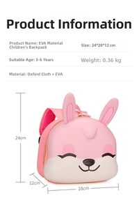 Pink EVA rabbit backpack dimensions 24x28x12cm for kids aged 3-6 showing product size specs