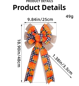 Detailed size specifications for pumpkin bow decor with black white plaid edges