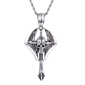Punk style silver titanium steel skull axe pendant necklace on white background