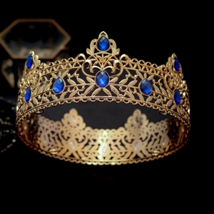 Vintage Baroque gold crown with blue rhinestones and royal alloy detailing for weddings