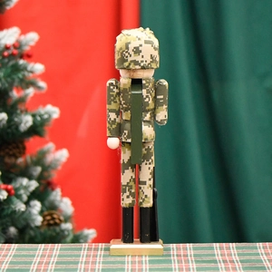 Back view of 38cm wooden nutcracker soldier in camouflage uniform Christmas decoration