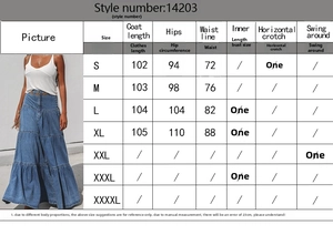 Tabella taglie dettagliata per gonna in denim a balze a vita bassa da S a XL