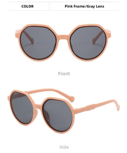Front and side views of stylish pink full-rim sunglasses with dark gray lenses