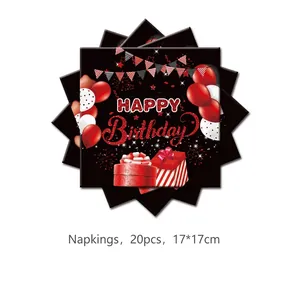 Pack of 20 red and black happy birthday napkins with balloons and confetti, 17x17cm size