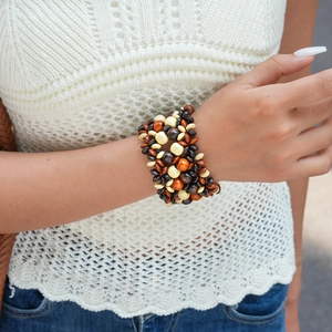 Bohemian multi-layer wood beaded bracelet featuring earthy brown and orange tones