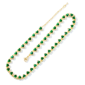 Elegant gold heart link necklace with emerald green heart-cut zircon gemstones