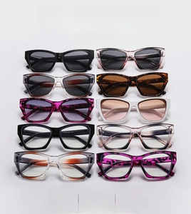 Detailed display of ten retro cat-eye sunglasses and lenses in various stylish colorways