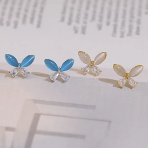 Butterfly Stud Earrings With Cat Eye Stone Zircon And 925 Sterling Silver Earring Post Elegant Dainty For Women