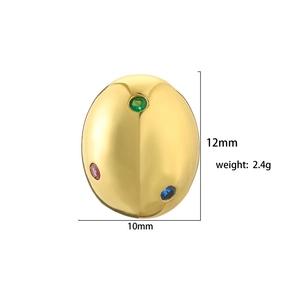 Detail shot of a gold-plated oval earring with colorful zircons showing 12mm by 10mm size