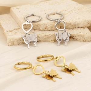 Stainless Steel Hoop Earrings With Hollow Heart And Layered Butterfly Dangle Gold Plated Vintage Frosted Jewelry For Women