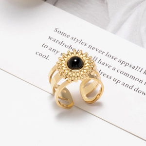 Vintage golden sunflower ring with black stone inlay and adjustable triple-layer band
