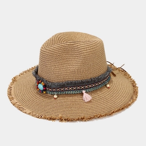 Western style Panama straw hat with ethnic beaded trim and fringe tassel detailing