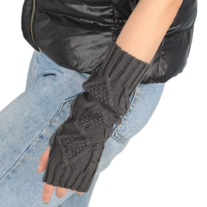 Detailed cable knit pattern on dark grey long fingerless gloves for winter warmth