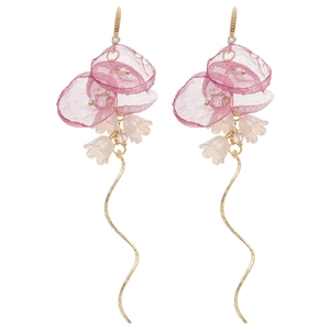 Pink floral fringe earrings with cubic zirconia, pearls and long golden metal tassels