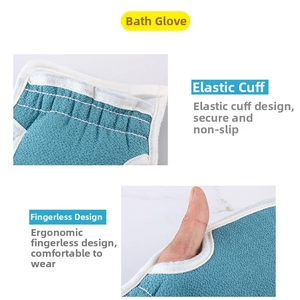 Exfoliating glove detail featuring elastic wrist cuff and ergonomic fingerless design