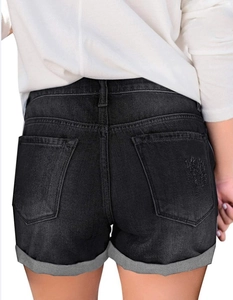 Detailed back view of black denim shorts featuring folded hems and distressed rear pockets
