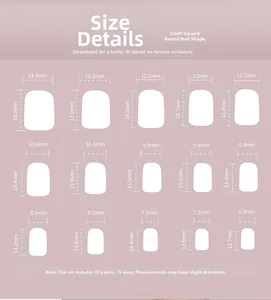 Detailed size chart showing 15 different dimensions for short square cat eye press-on nails