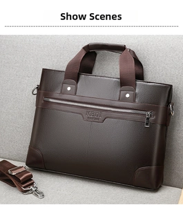 Close-up of the dark brown leather texture and logo on this professional business briefcase