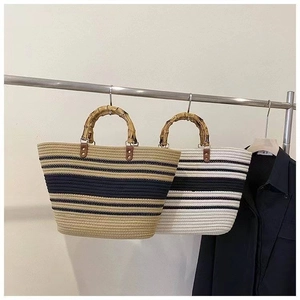 Woven Straw Cotton Tote Handbag With Bamboo Handle Striped Beach Vacation Vintage Women