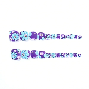 24pcs short square purple floral press-on toenails with blue and white flower patterns