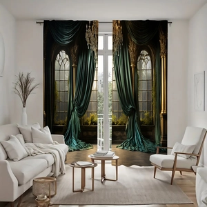 Detail of 3D digital print curtains featuring a Gothic interior with golden pillars