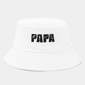 White cotton fisherman bucket hat for men featuring black PAPA embroidery with fishing elements
