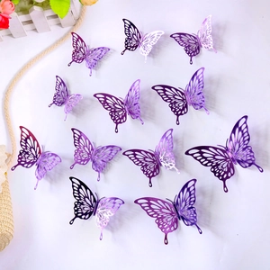 Detailed set of 12 purple hollow 3D butterfly wall stickers with metallic finish effects